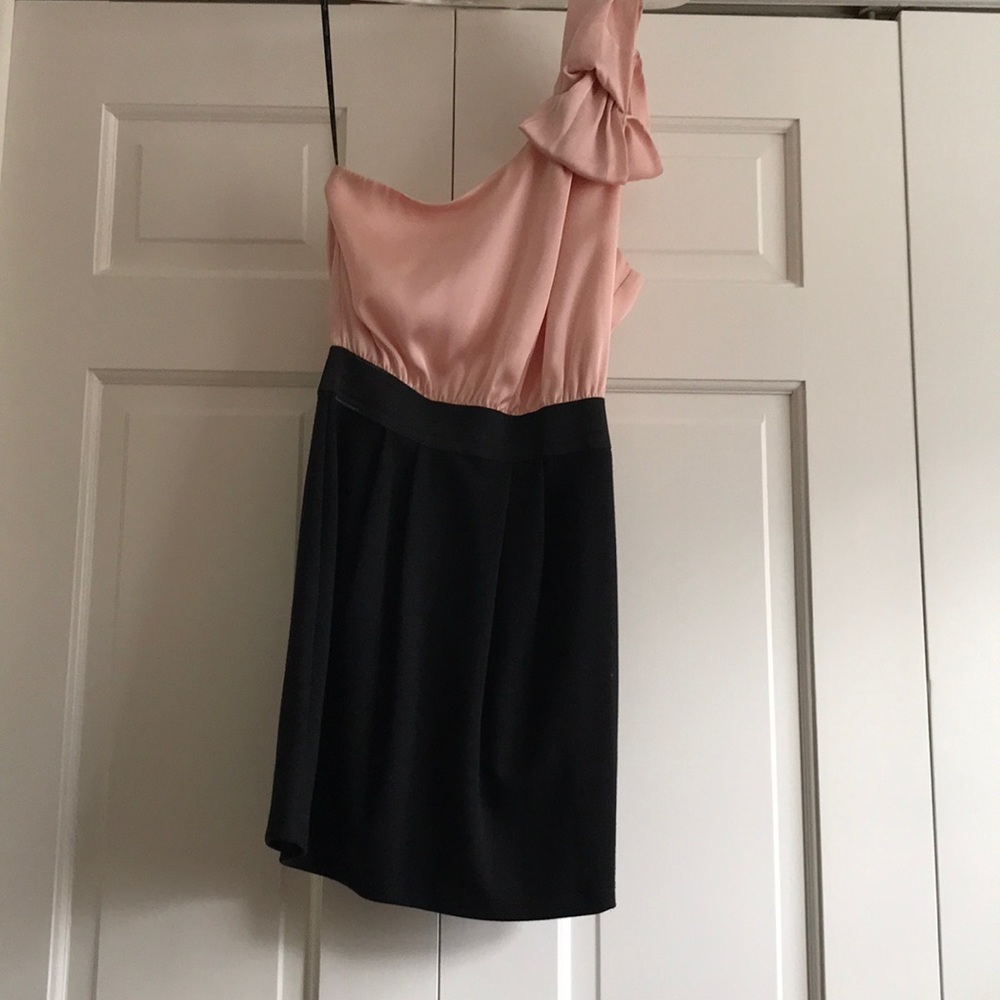 One shoulder pink and black dress